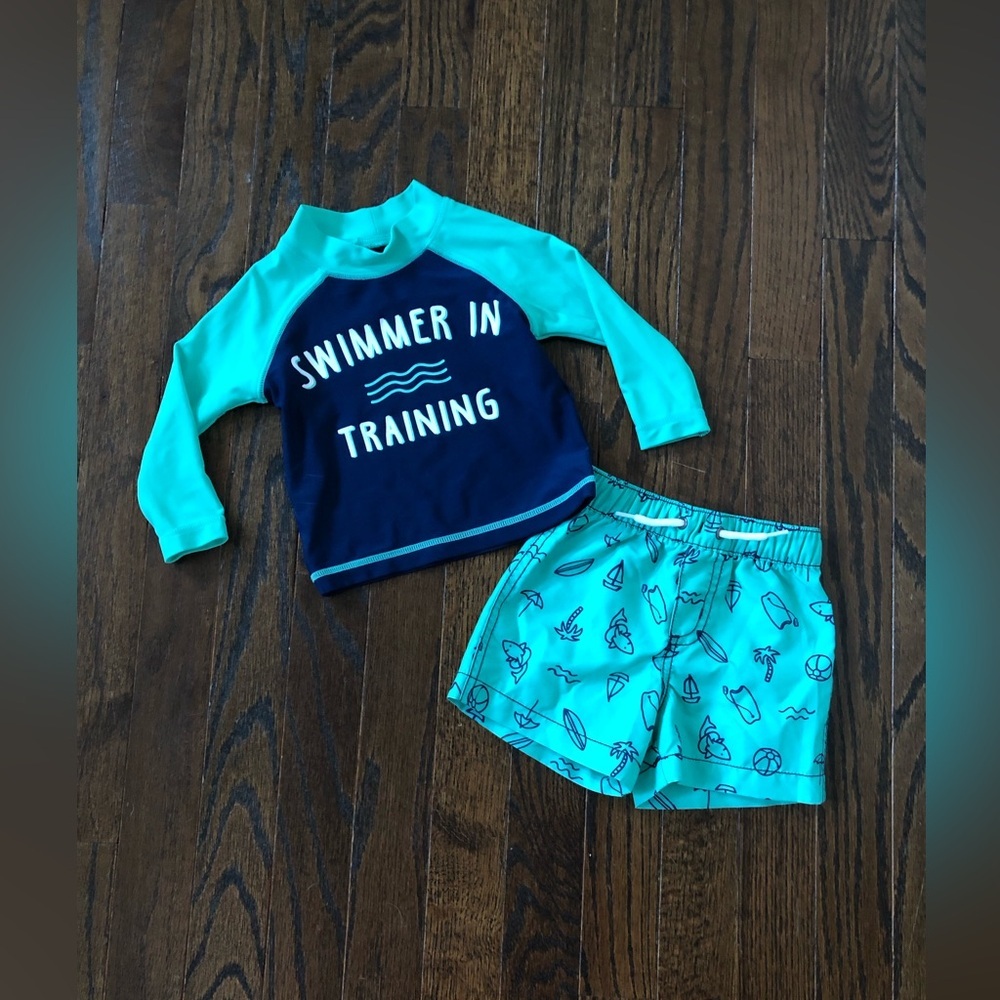 Carter’s Boys 6M Blue/Green Long-Sleeved Rash Guard & Swim Trunks 2-Piece Set